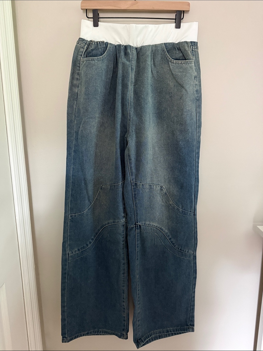 Wide-Leg Women’s Jeans with White Elastic Waistband - Denim Blue
